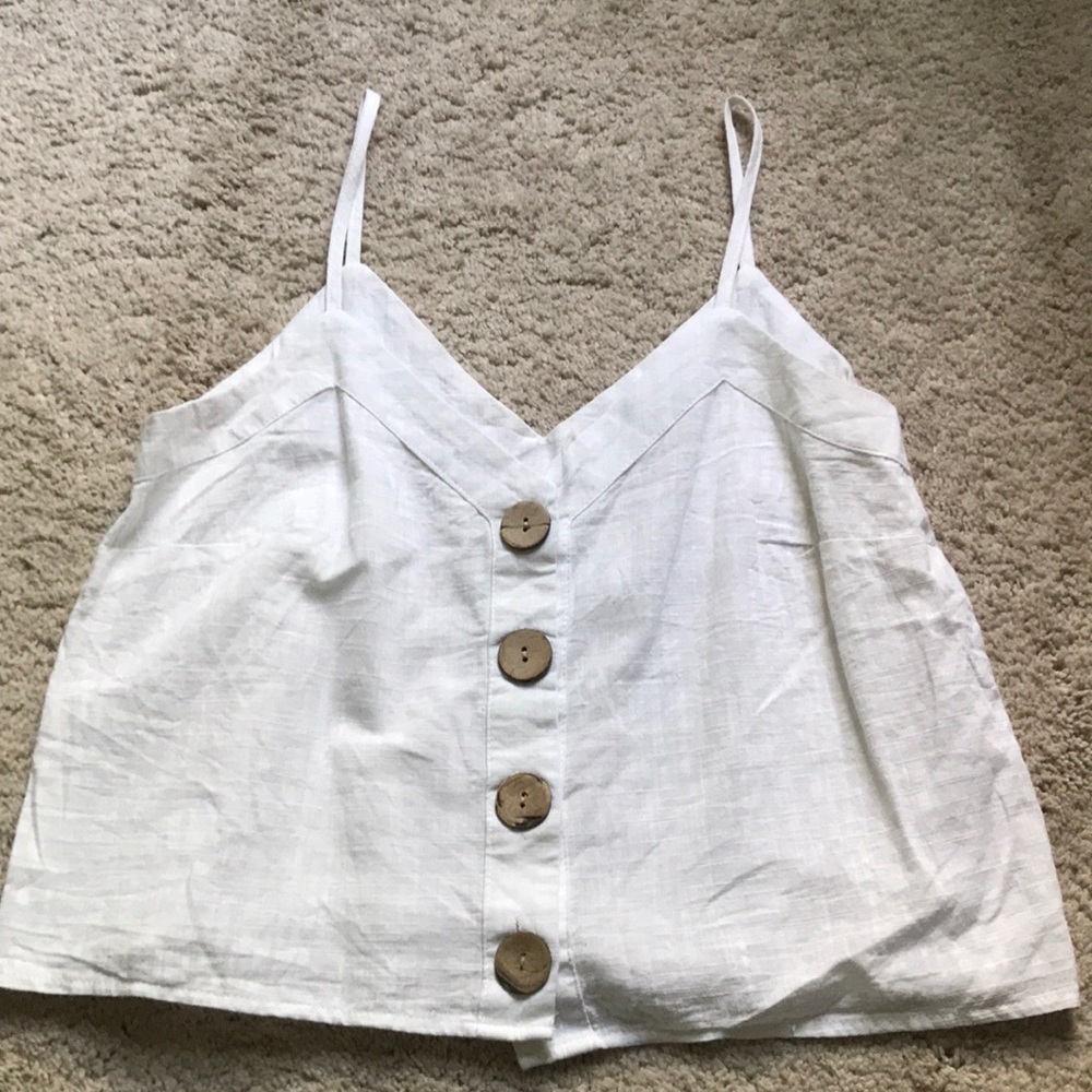 White tank top with wood buttons
